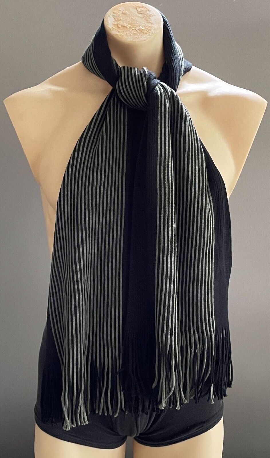 Mens Neck Scarf w Fringe Black & Khaki Stripe Knit Wrap