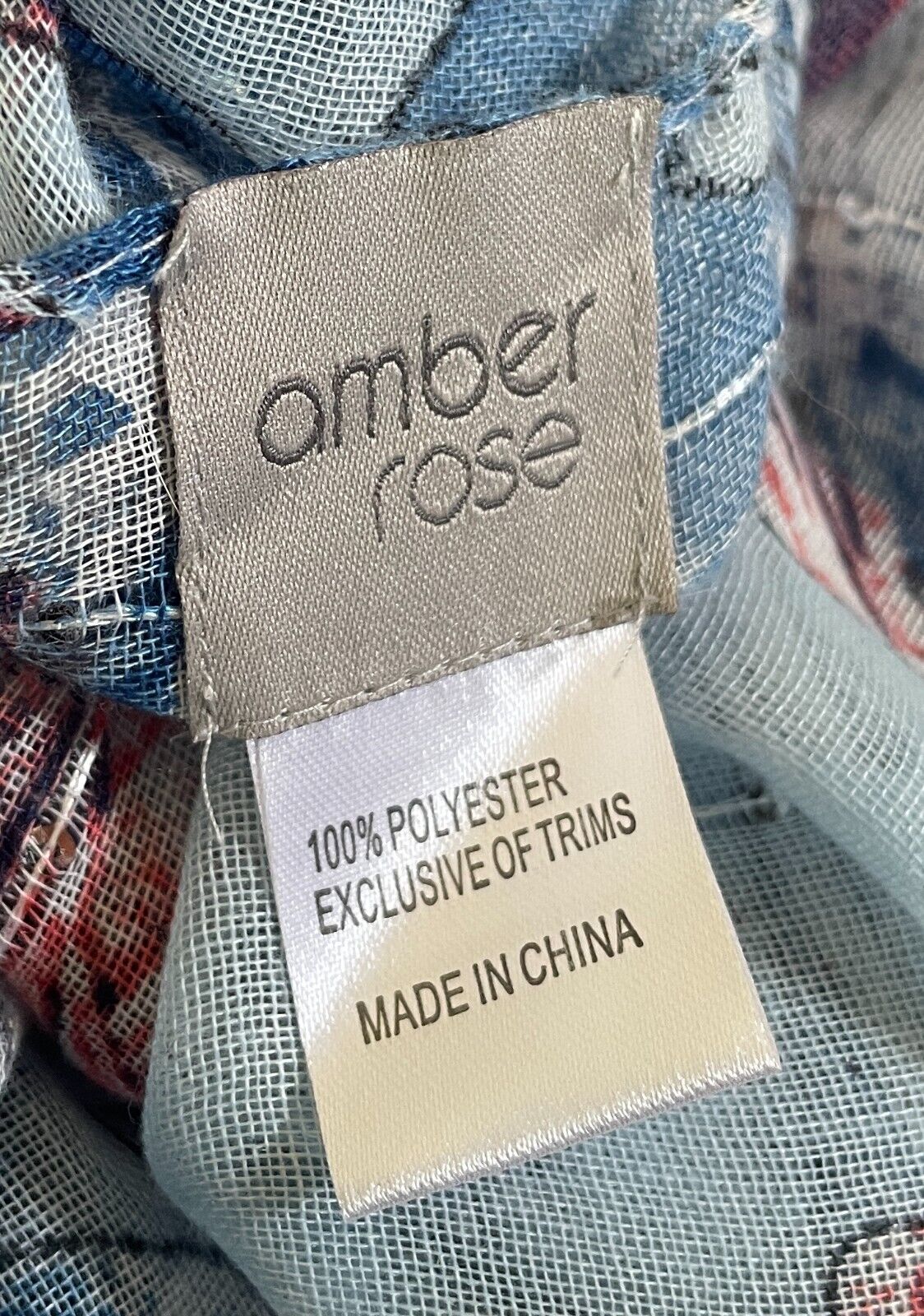AMBER ROSE Neck Scarf Blue Coral Red Floral Print Wrap Rectangle Sequin Trim