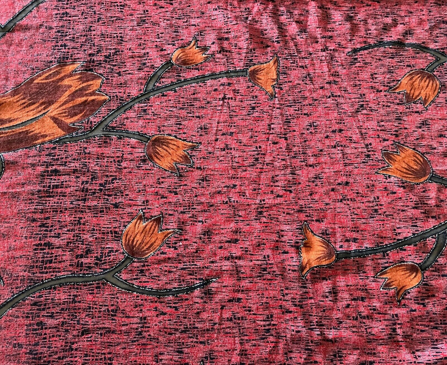 Neck Scarf Red Black Orange Brown Silver Thread Tulips Rectangle 47 x 164cm