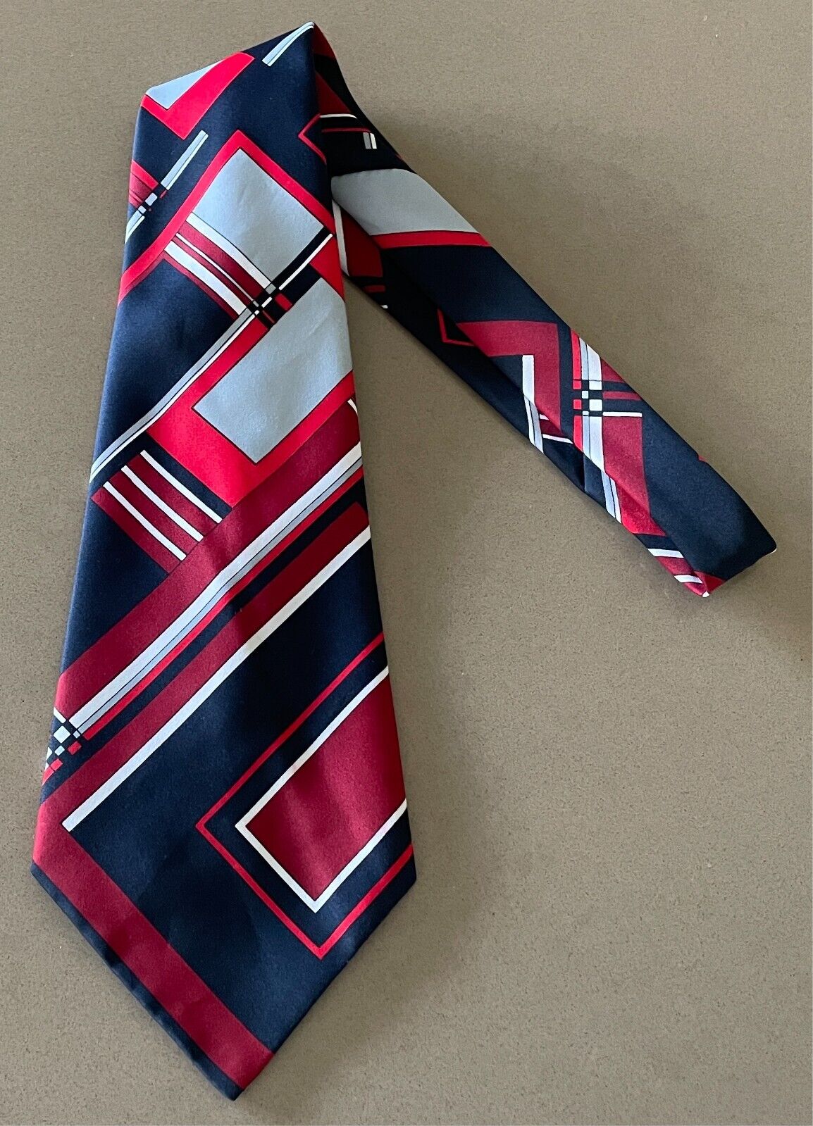 Mens Vintage Neck Tie ENSIGN Navy Red Maroon Grey White Wide Geo Print Polyester