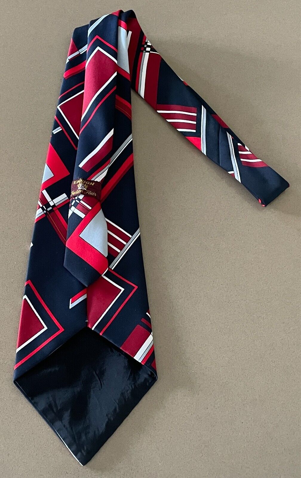 Mens Vintage Neck Tie ENSIGN Navy Red Maroon Grey White Wide Geo Print Polyester