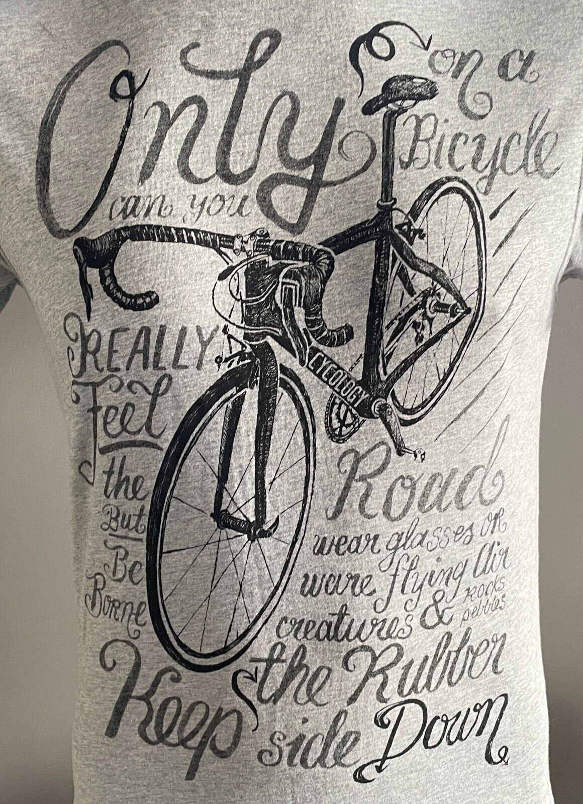 Mens CYCOLOGY "Only on a Bike" T-Shirt Grey Marl Print Sh/Sleeve Tee Size S NEW