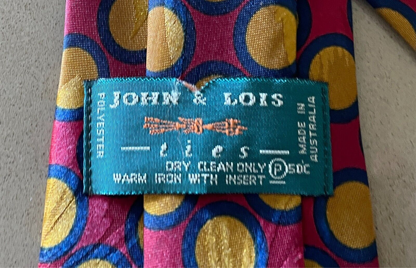 Neck Tie JOHN & LOIS Maroon Mustard Navy Circle Print Polyester Fabric