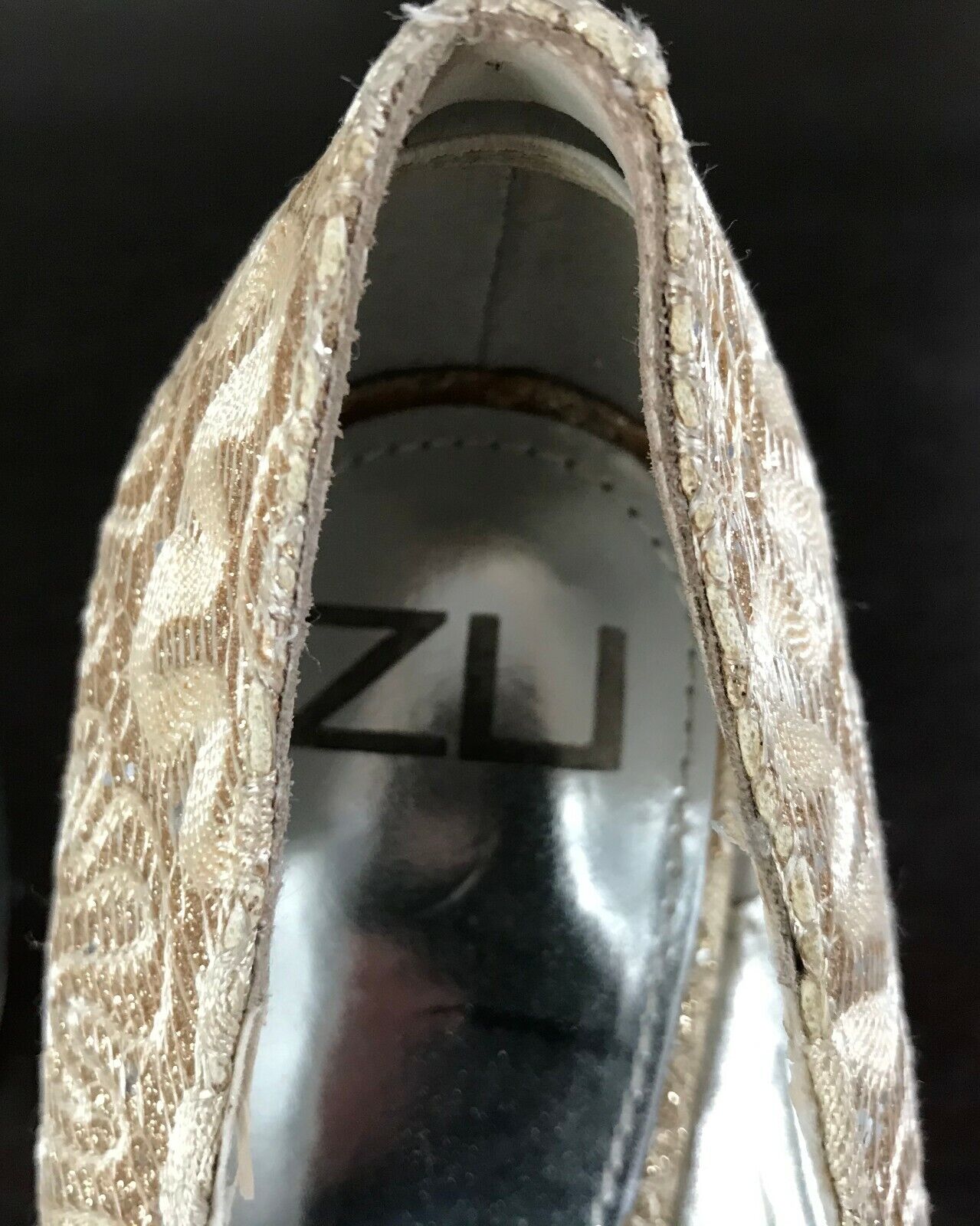 ZU "Sunrise" Stiletto Shoes Glitter Gold Fabric Platform High Heel Size 7 NEW