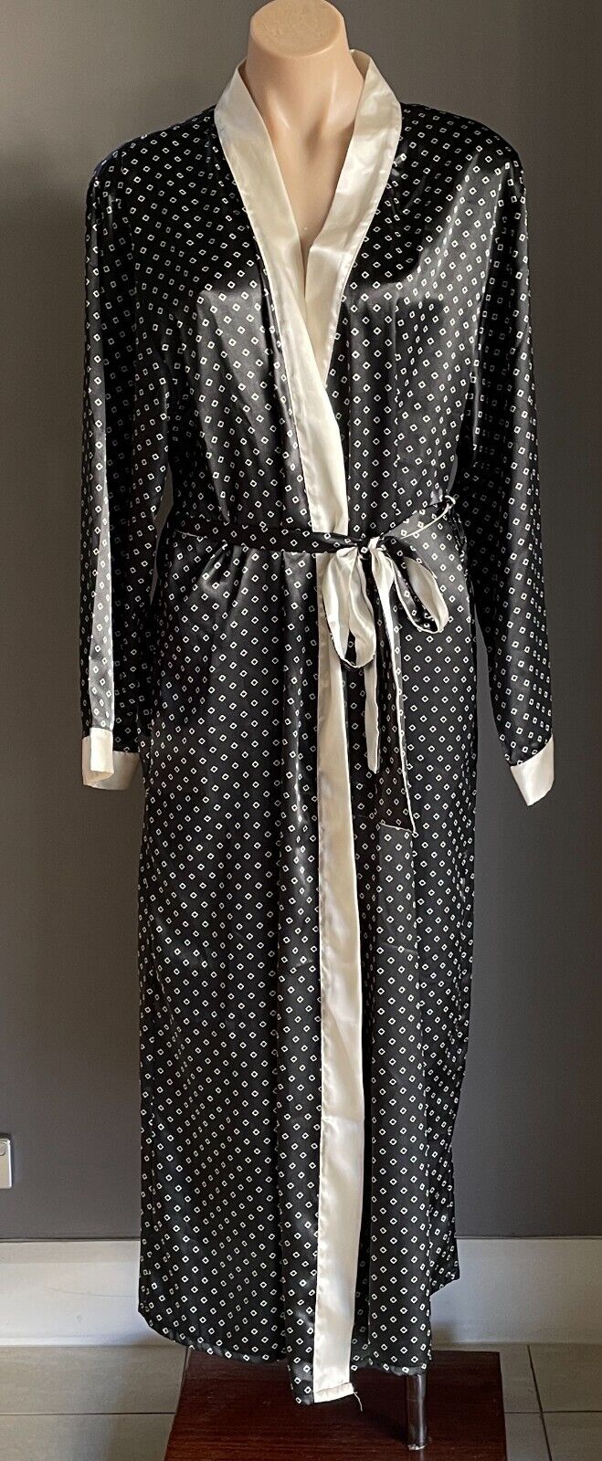 MIA LUCCE Silky Long Bath Robe Black & Cream w Waist Tie Ladies Size L