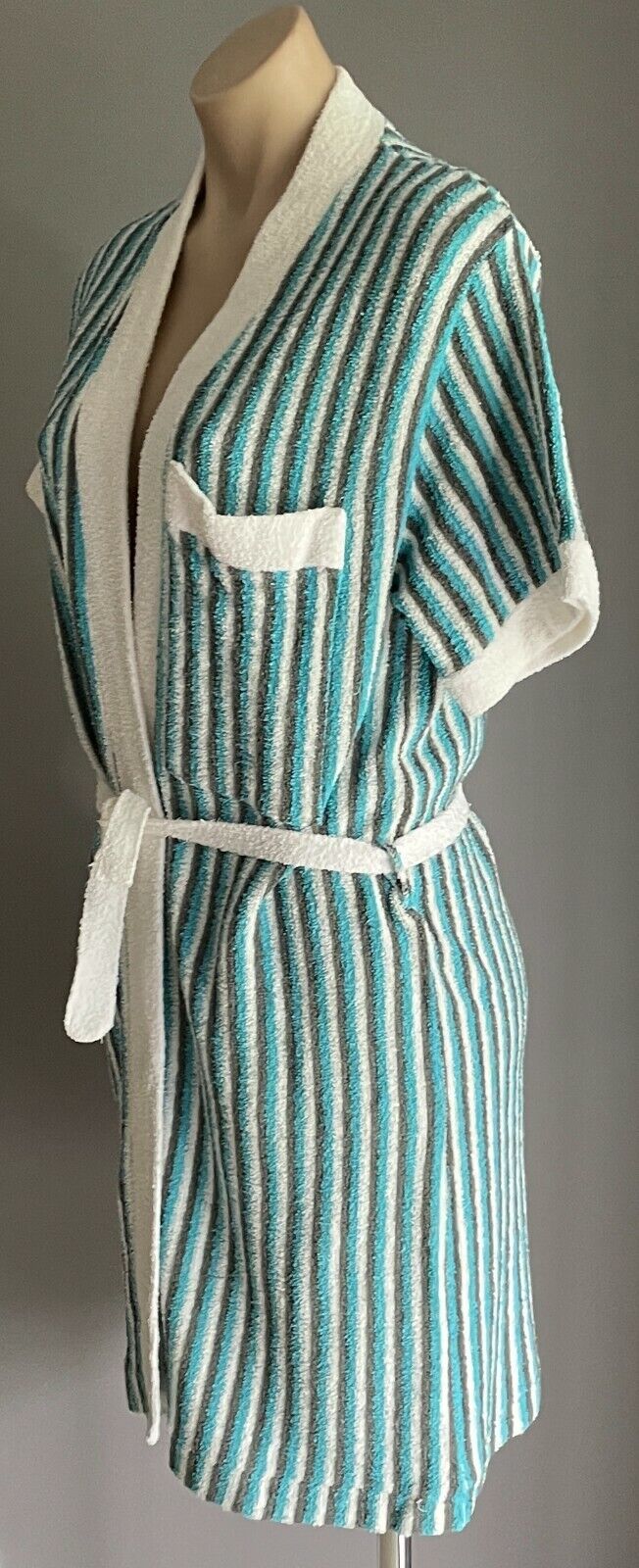 WALTONS Terry Towelling Blue Grey White Stripe Sh/Sleeve Sz 16 Vintage Bath Robe