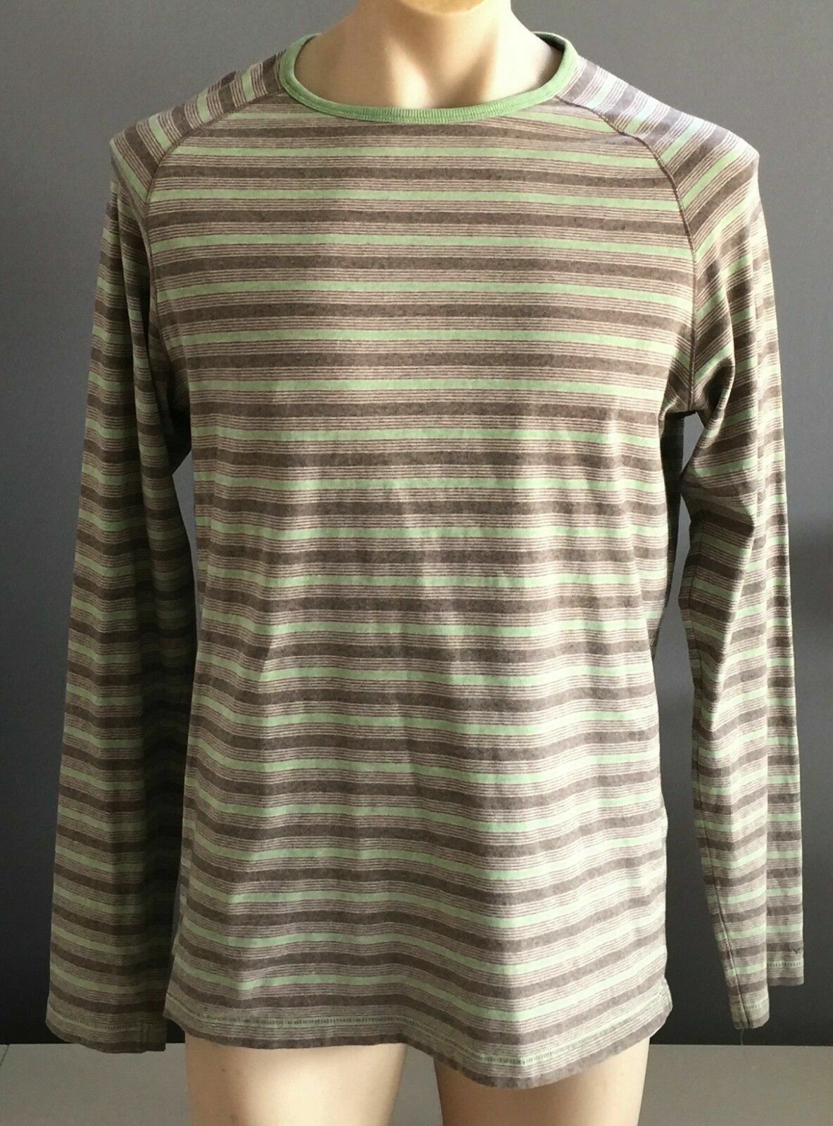 MARCS Crew Neck Top Green Brown Stripe Buttoned Long Sleeve Regular Mens Size M