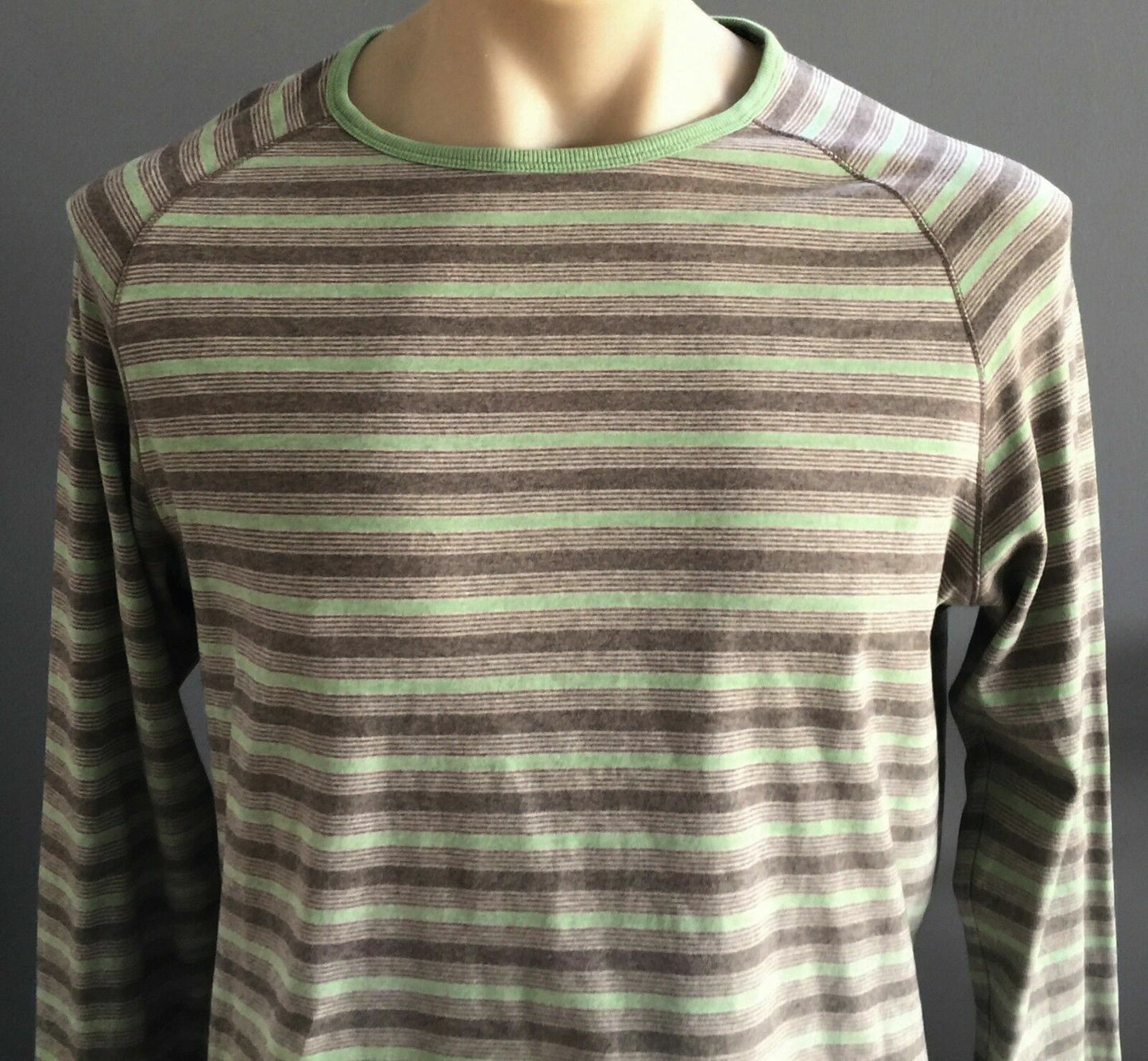 MARCS Crew Neck Top Green Brown Stripe Buttoned Long Sleeve Regular Mens Size M