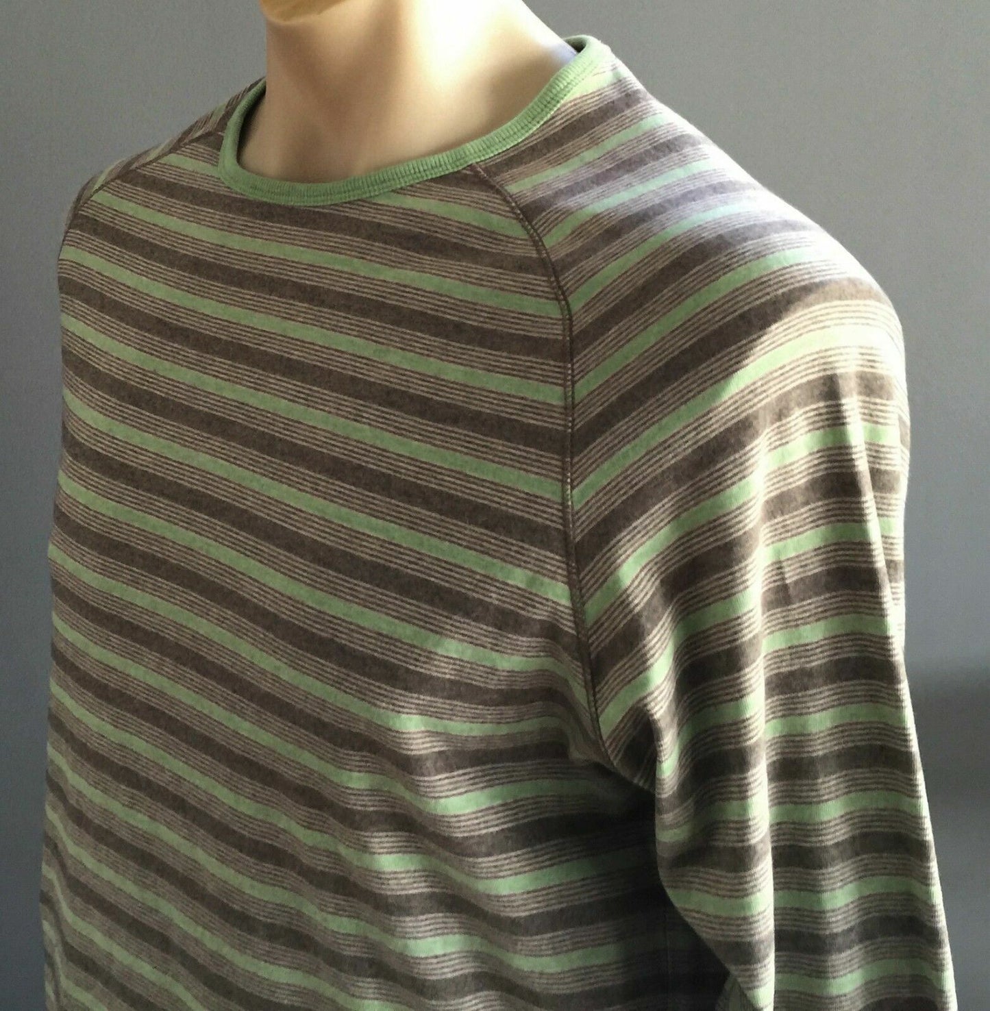 MARCS Crew Neck Top Green Brown Stripe Buttoned Long Sleeve Regular Mens Size M