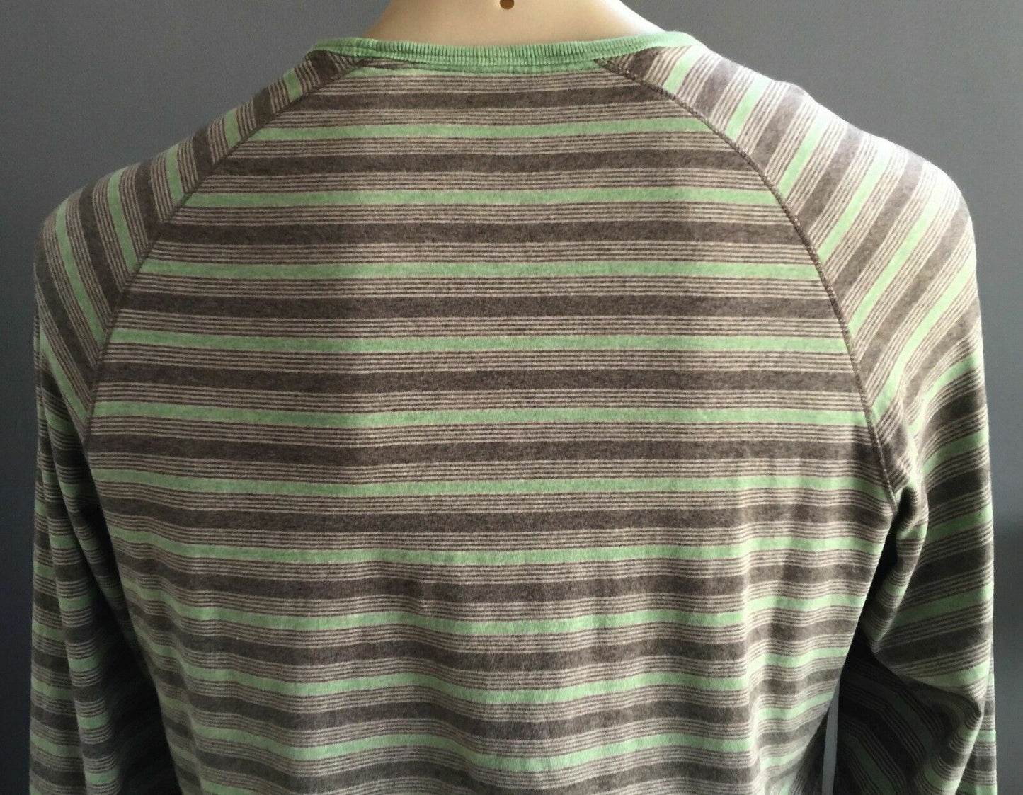 MARCS Crew Neck Top Green Brown Stripe Buttoned Long Sleeve Regular Mens Size M