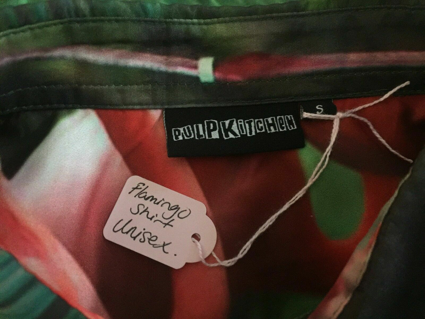 PULPKITCHEN Flamingo Print Shirt Mens Size S Bright Bold Vivid Hawaiian Vintage