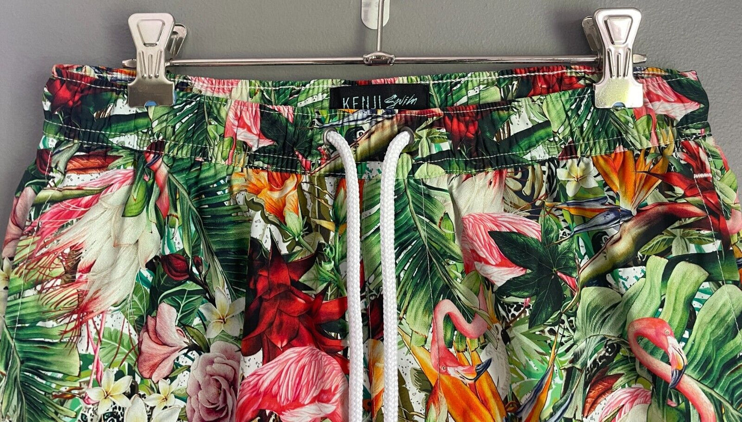 KENJI SWIM Shorts Tropical Flower Flamingo Print Elastic Waist Beach Mens Size S