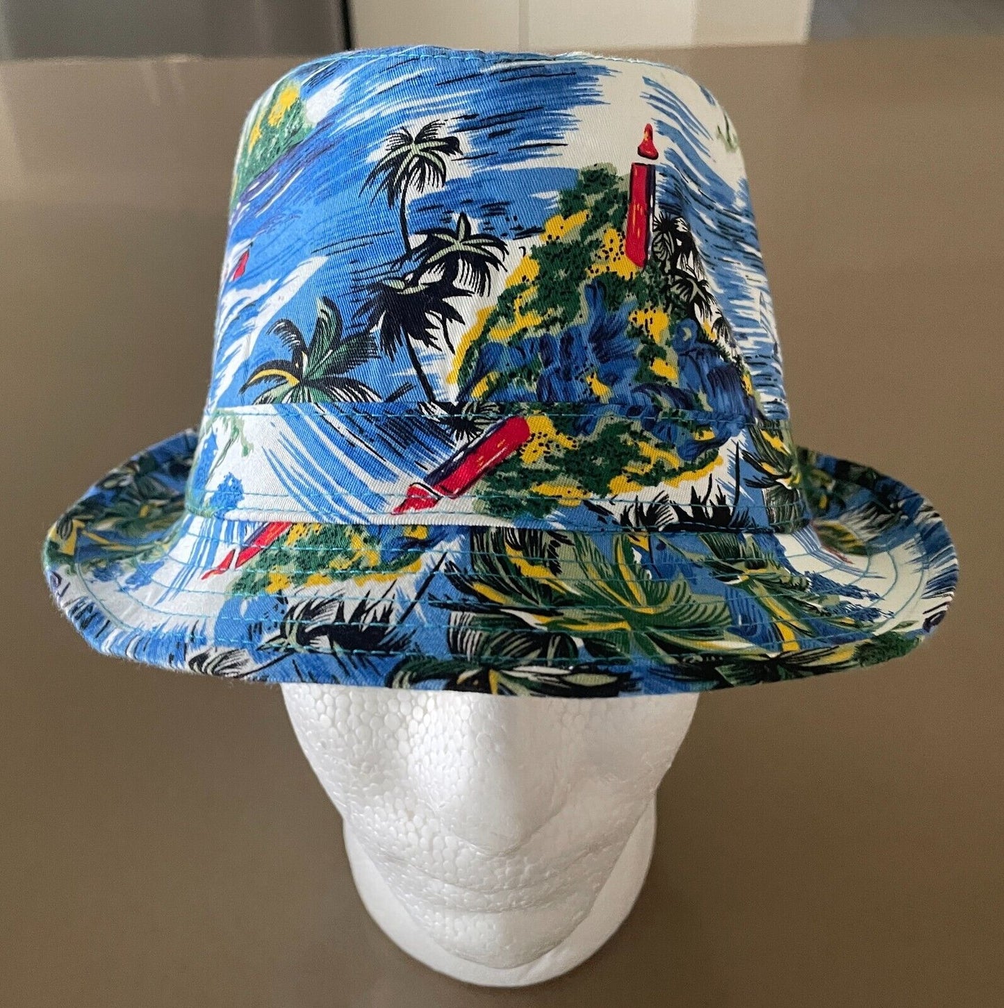 Mens Hat TROPICAL HAWAIIAN Print Trilby Fedora Style Sz L 57cm Sun Beach Costume