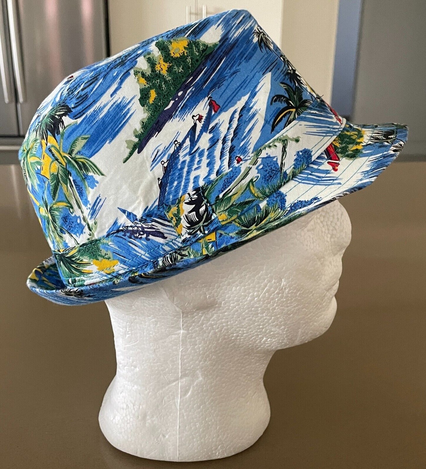 Mens Hat TROPICAL HAWAIIAN Print Trilby Fedora Style Sz L 57cm Sun Beach Costume