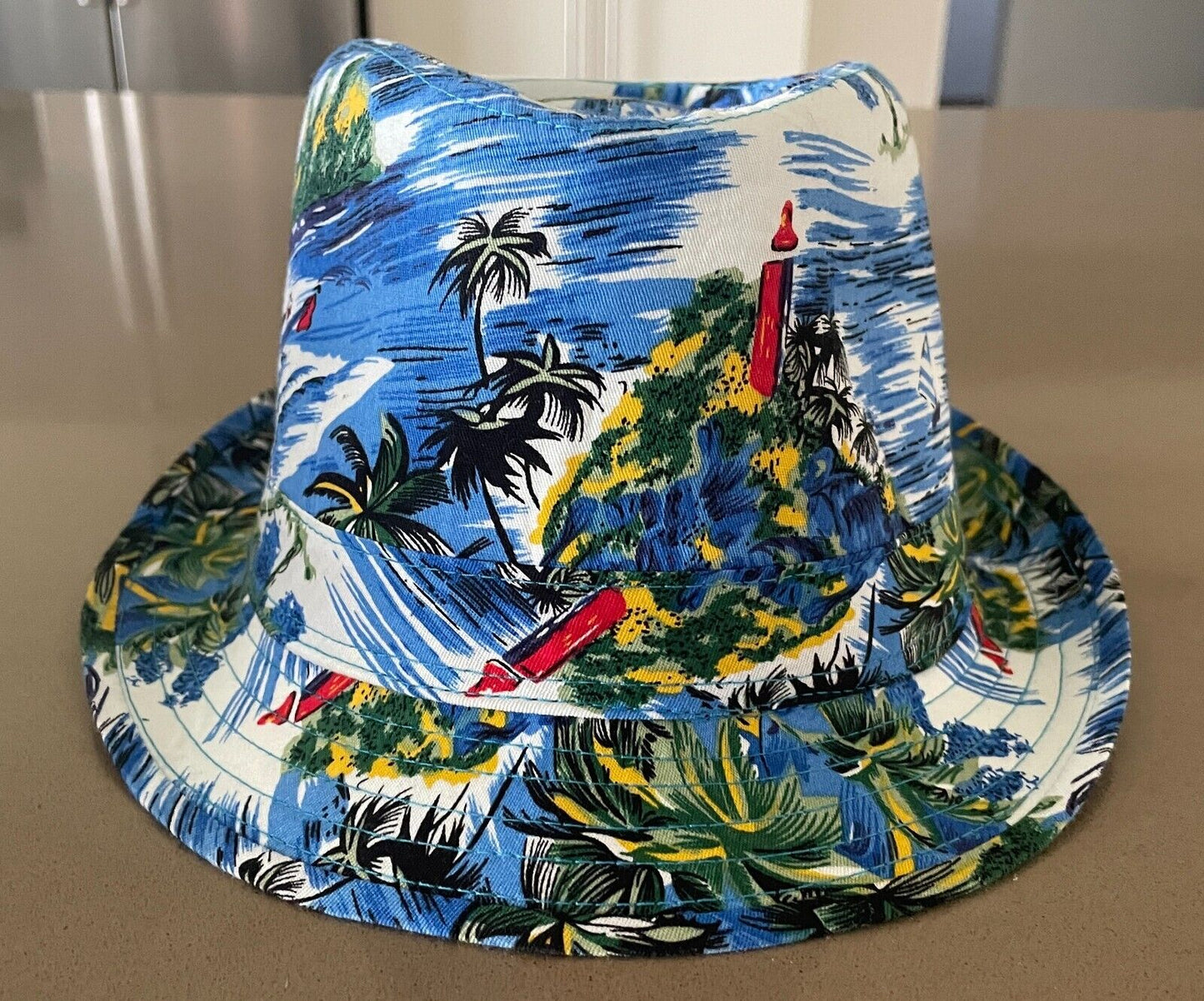 Mens Hat TROPICAL HAWAIIAN Print Trilby Fedora Style Sz L 57cm Sun Beach Costume