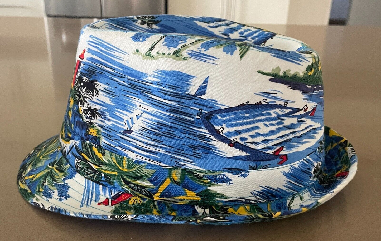 Mens Hat TROPICAL HAWAIIAN Print Trilby Fedora Style Sz L 57cm Sun Beach Costume