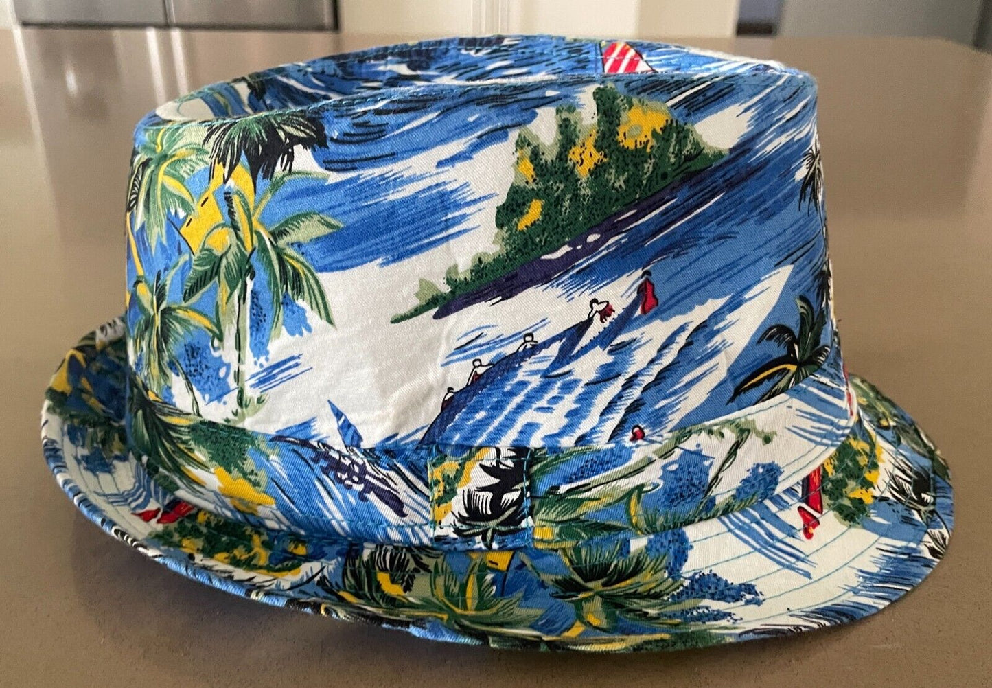 Mens Hat TROPICAL HAWAIIAN Print Trilby Fedora Style Sz L 57cm Sun Beach Costume