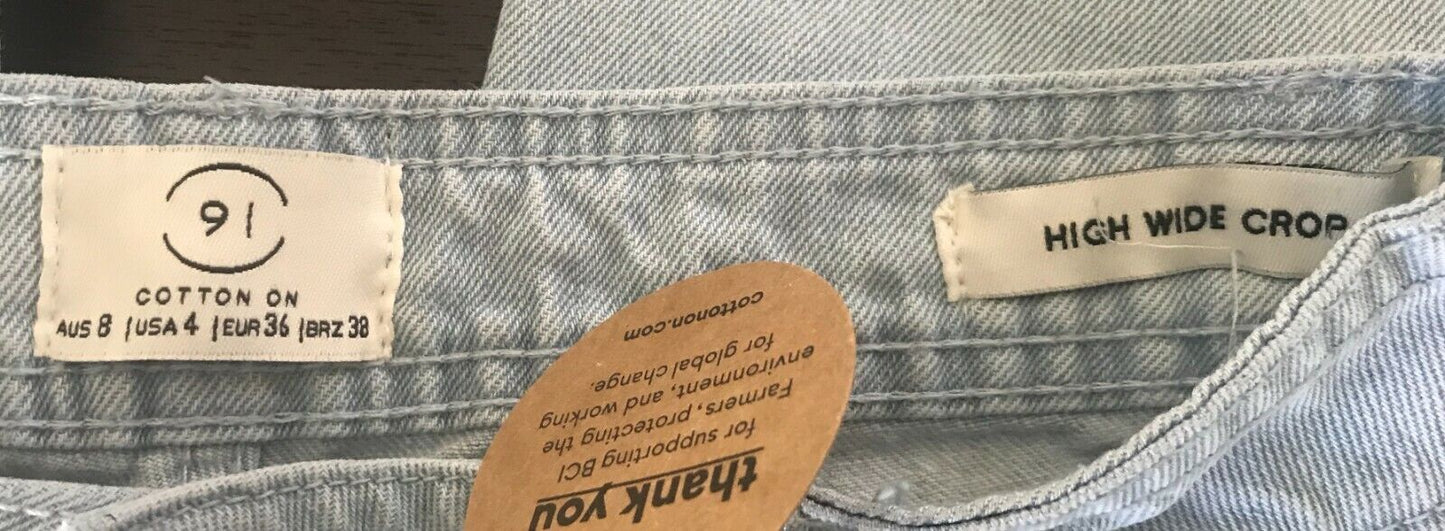 COTTON ON Wide Leg Crop Jeans Faded Blue Denim High Rise Pants Ladies Size 8