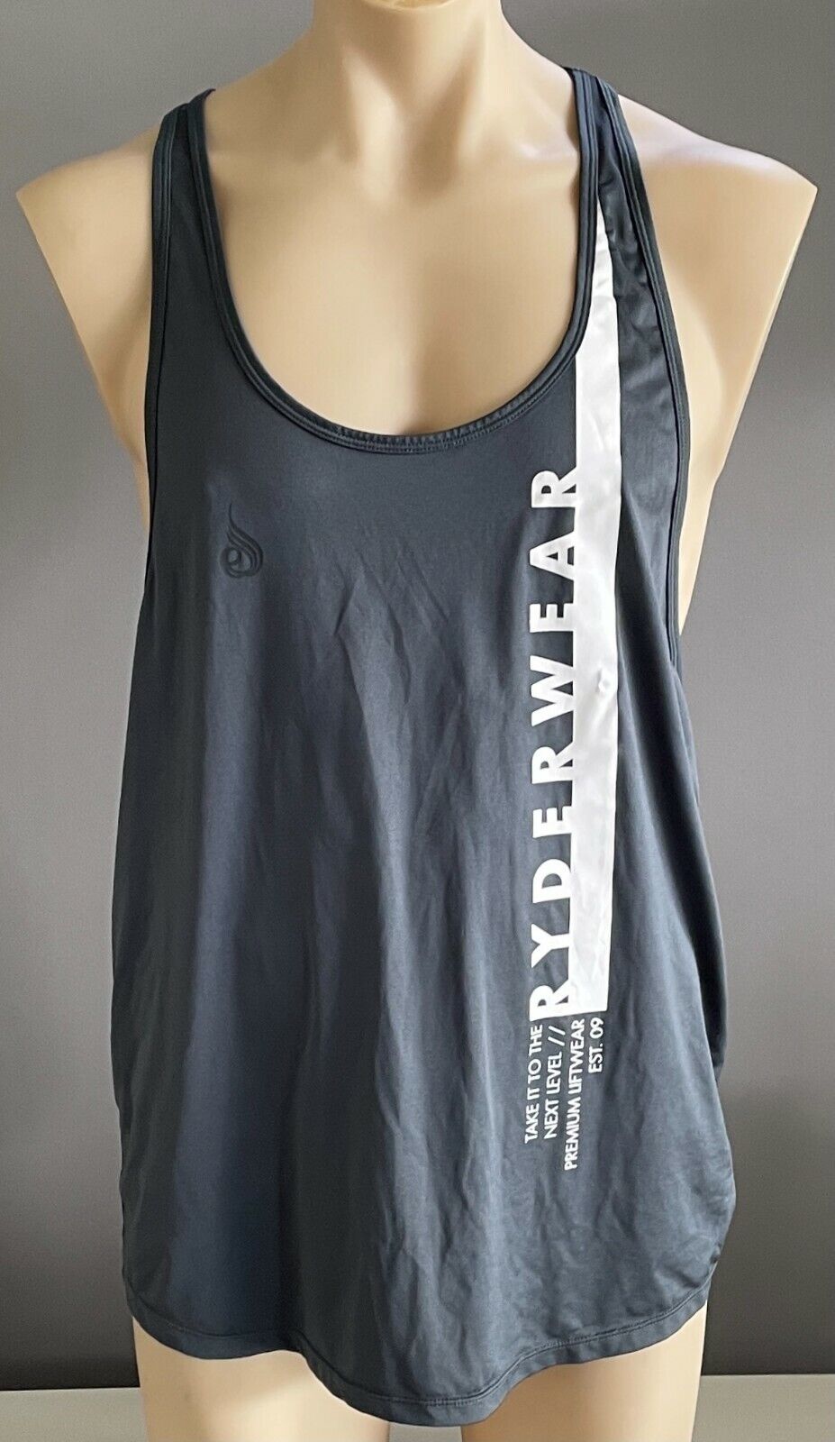 Mens RYDERWEAR Tank Top Dark Grey & White Print "Evo" T-Back Stringer Tee Sz XL