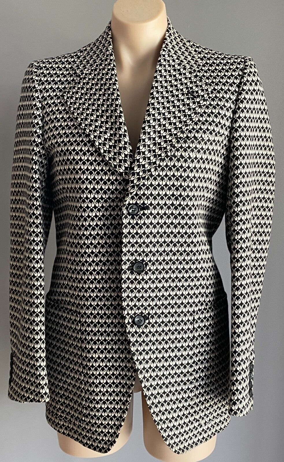 Vintage Mens HALEC CONFEZIONI Jacket Off White & Black Print Blazer Chest 88cm