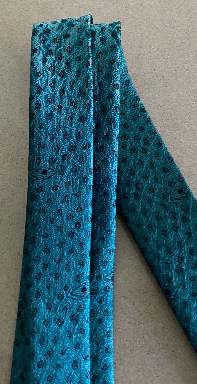 Mens Vintage ENVOY Jade Green and Black Print Polyester Thin Neck Tie