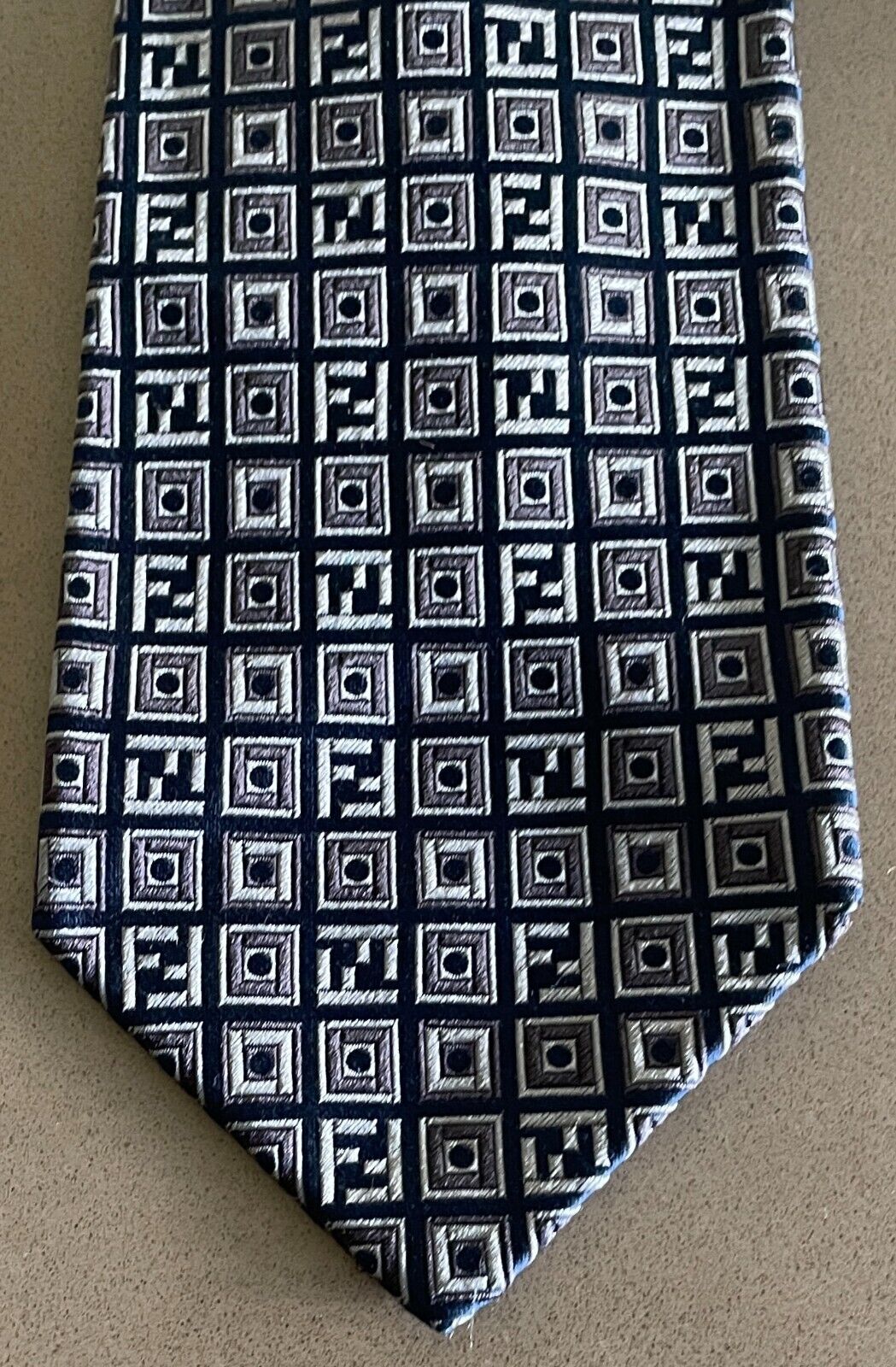 Mens Silk Tie FENDI Navy Grey Silver Tile Print Made in Italy NeckTie