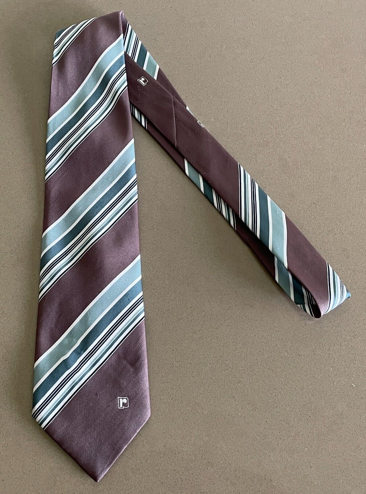 NeckTie PACO RABANE 1970s 1980s Mens Brown Green Shades White Stripe Vintage Tie