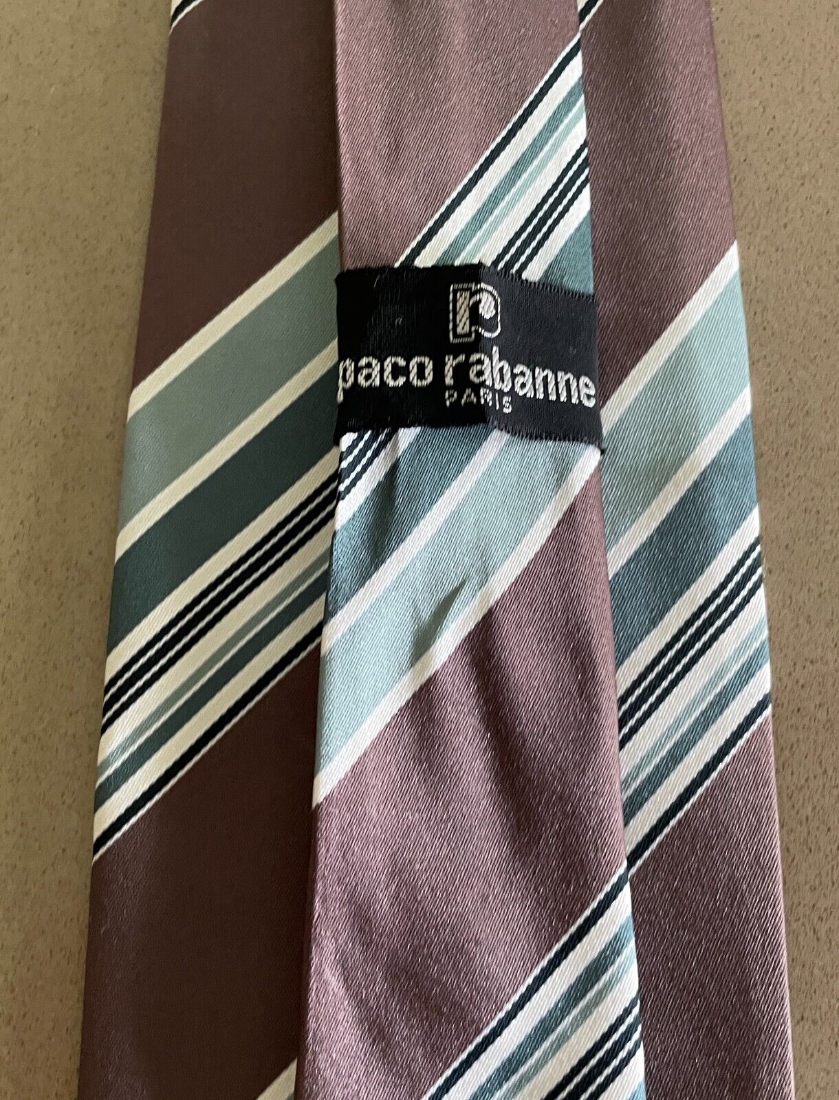 NeckTie PACO RABANE 1970s 1980s Mens Brown Green Shades White Stripe Vintage Tie