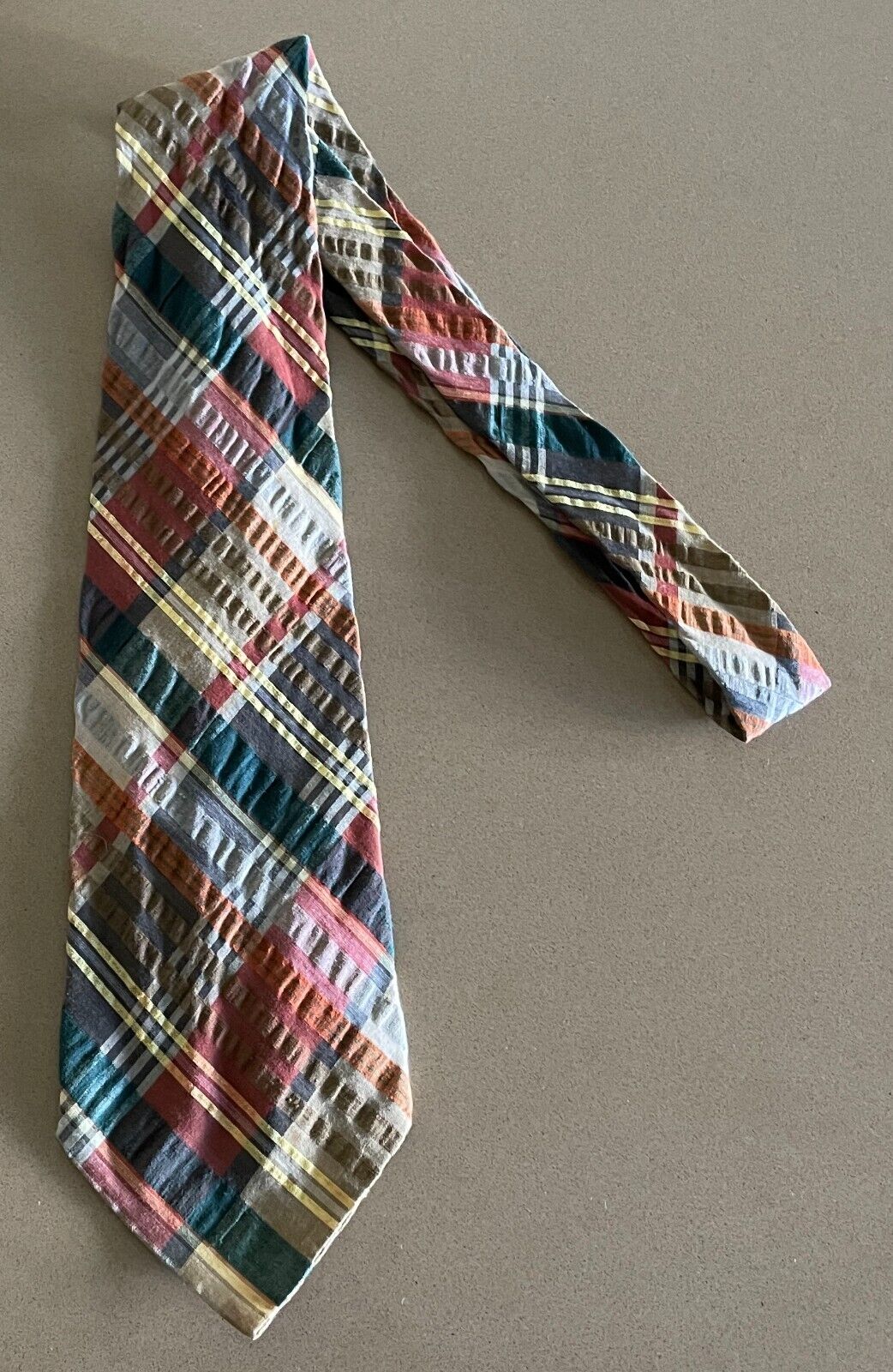 Mens Vintage NeckTie GRAND PRIX Multicolour Plaid Check Seersucker Cotton Tie