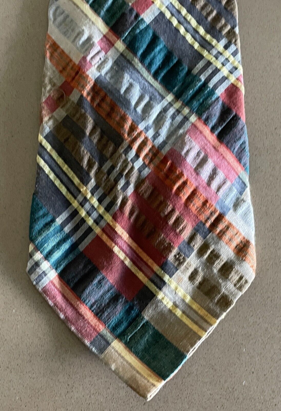 Mens Vintage NeckTie GRAND PRIX Multicolour Plaid Check Seersucker Cotton Tie