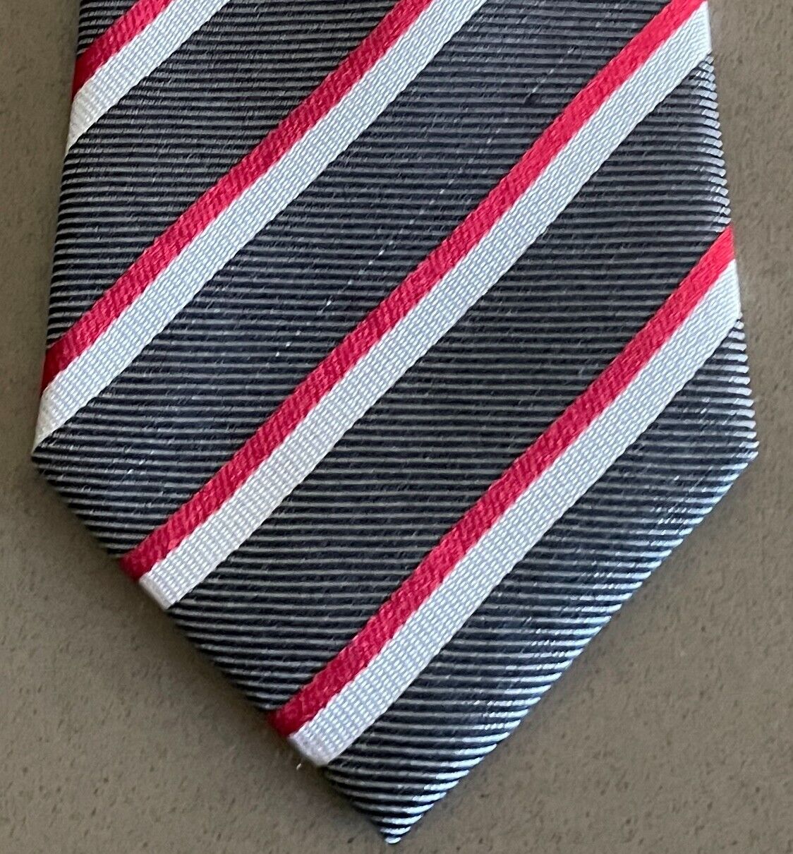 Mens Silk Tie TRENT NATHAN Grey Red White Stripe Classic NeckTie Elegance