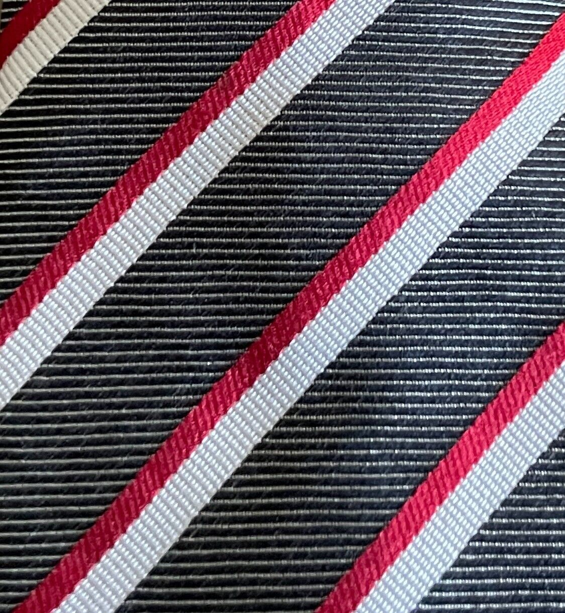 Mens Silk Tie TRENT NATHAN Grey Red White Stripe Classic NeckTie Elegance