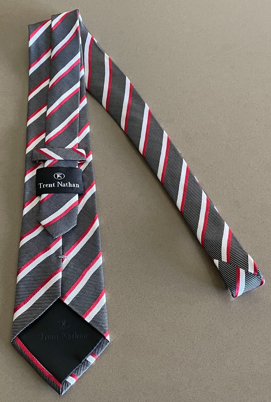 Mens Silk Tie TRENT NATHAN Grey Red White Stripe Classic NeckTie Elegance