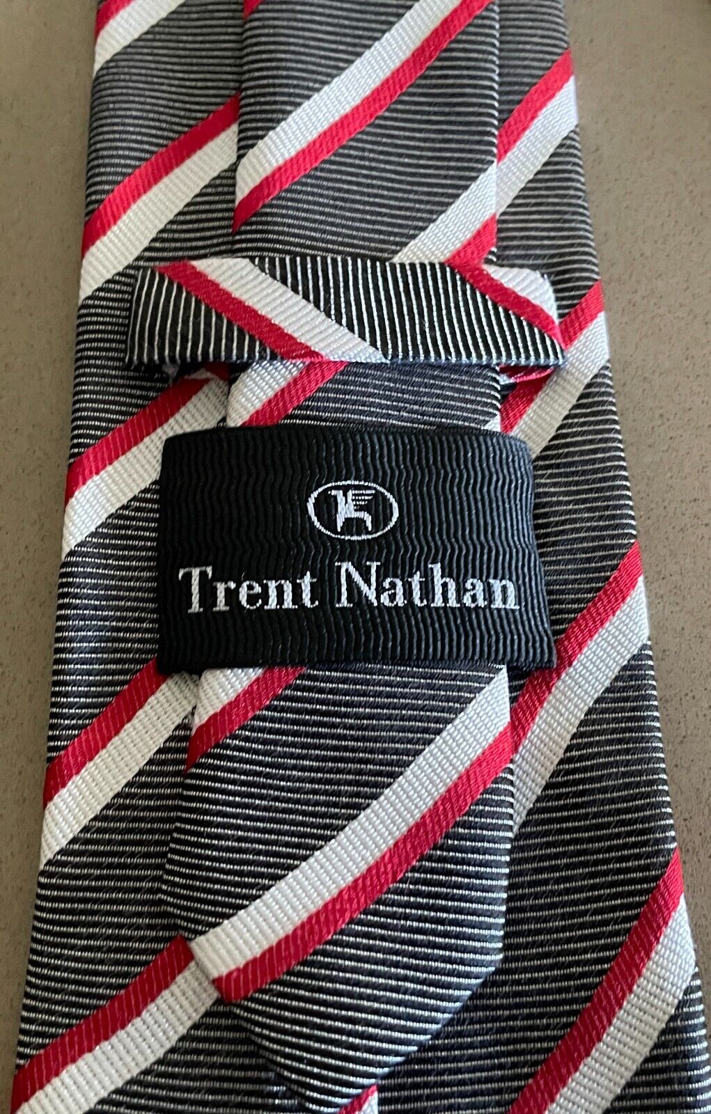 Mens Silk Tie TRENT NATHAN Grey Red White Stripe Classic NeckTie Elegance