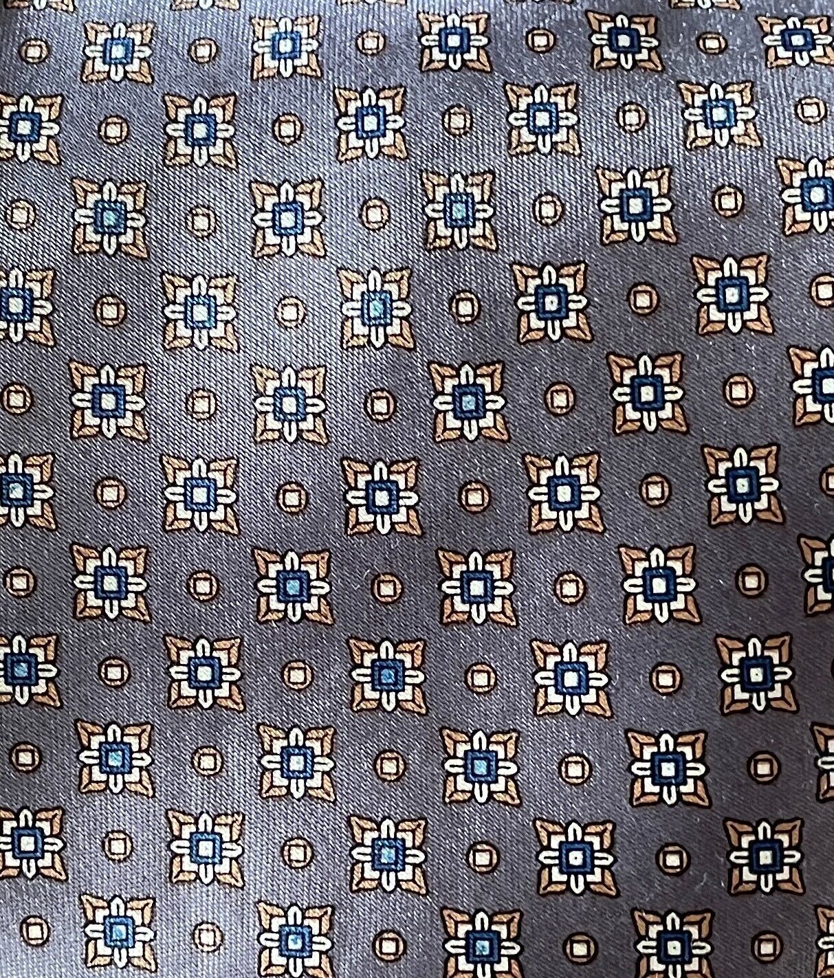 Mens NeckTie Grey Base w Gold Navy Off White Print Standard Width Neck Tie