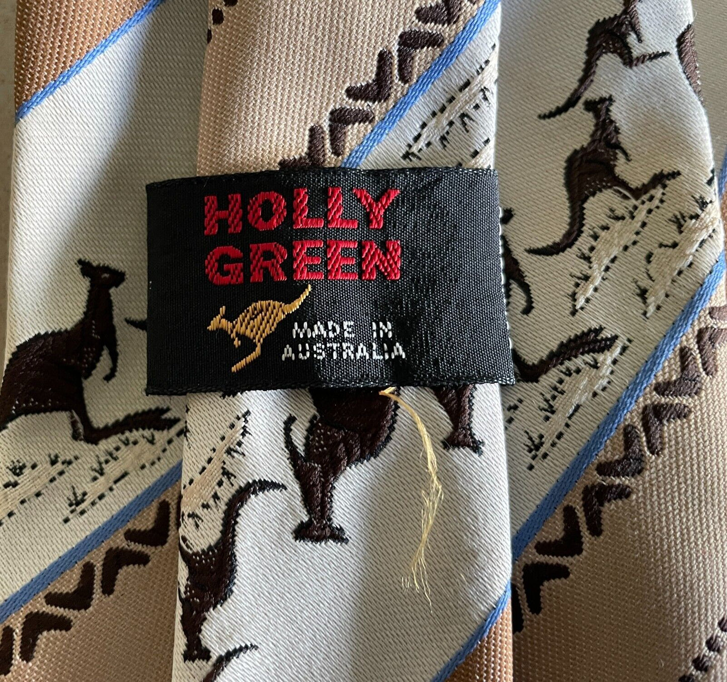 Vintage Mens NeckTie HOLLY GREEN Brown Beige Blue Caramel Stripe Kangaroo Tie