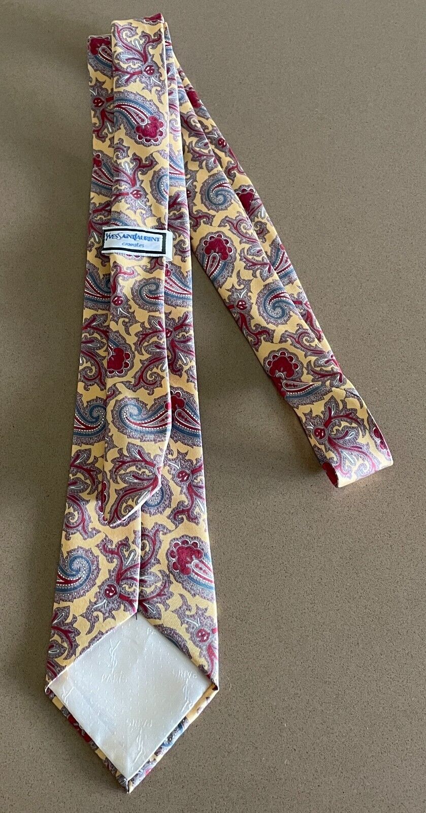 Mens Silk Tie YVES SAINT LAURENT NeckTie Pale Yellow Multicolour Paisley Print