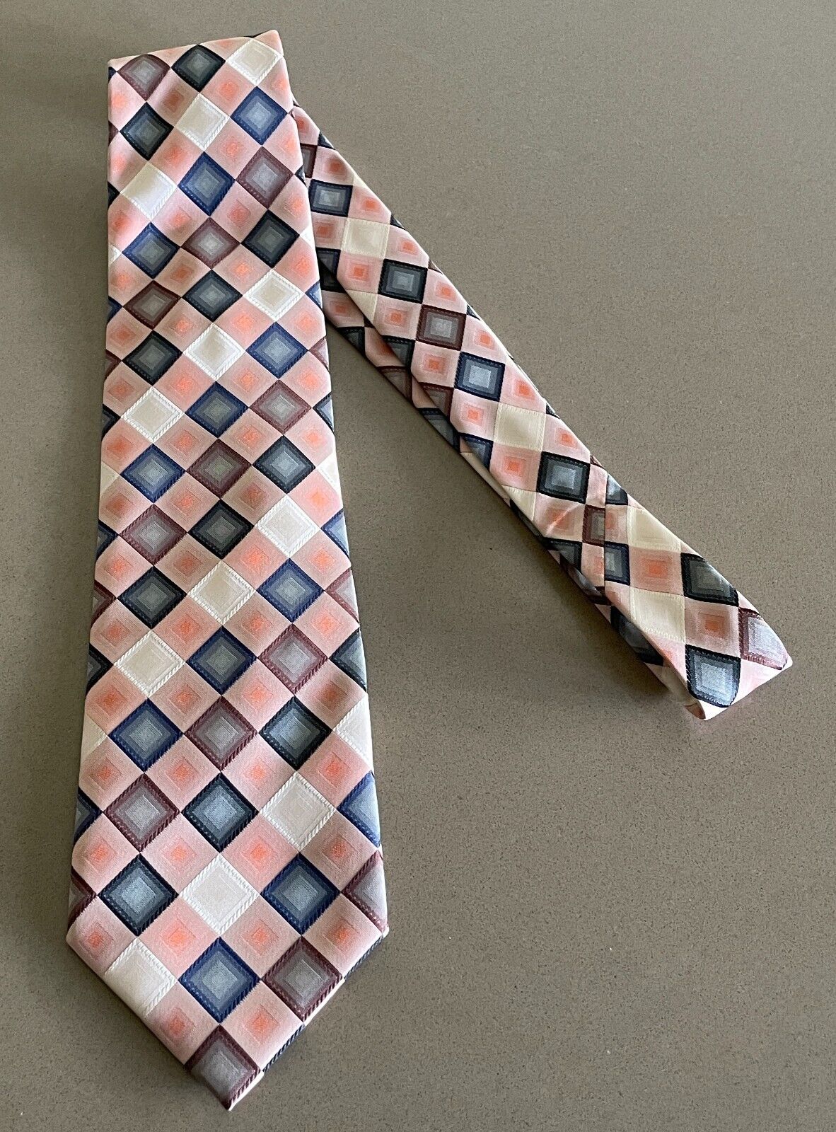 Mens Silk Tie MILIMETRIC Bespoke Peach Grey Brown Cream Tile Print NeckTie