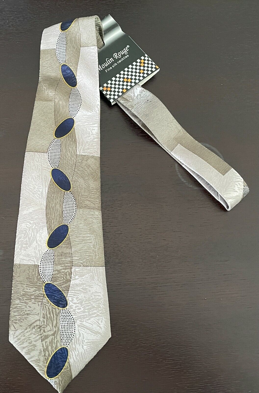 Mens Silk Tie MOULIN ROUGE Champagne Navy Khaki Gold Print Formal NeckTie NEW