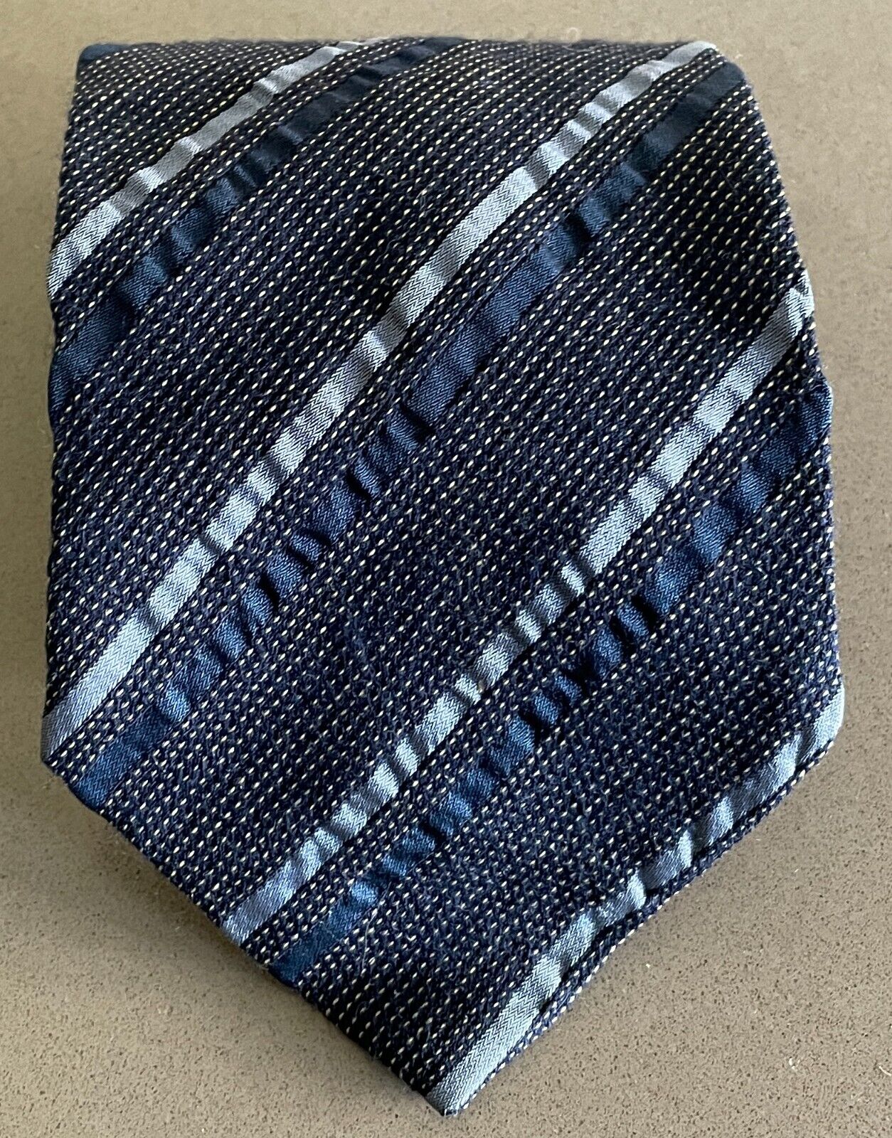 Mens COUNTRY ROAD NeckTie Navy Grey Pale Yellow Stripe Silk Wool Blend Neck Tie