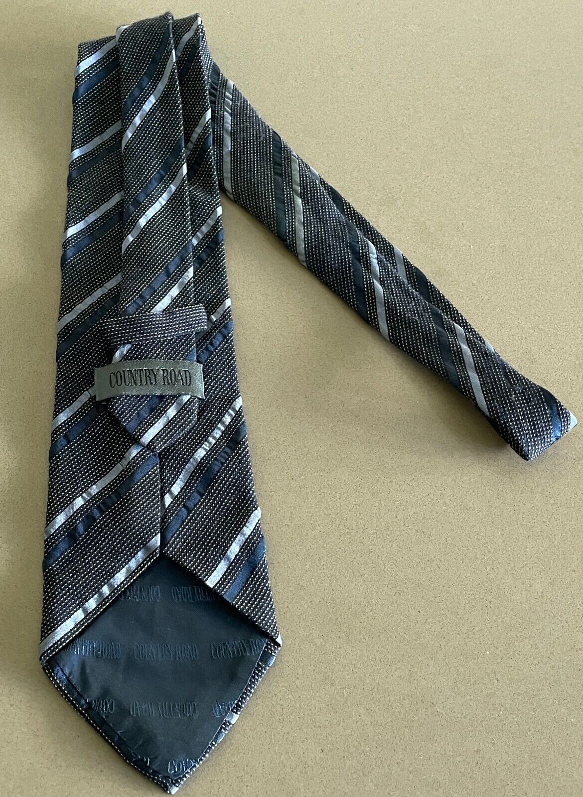Mens COUNTRY ROAD NeckTie Navy Grey Pale Yellow Stripe Silk Wool Blend Neck Tie