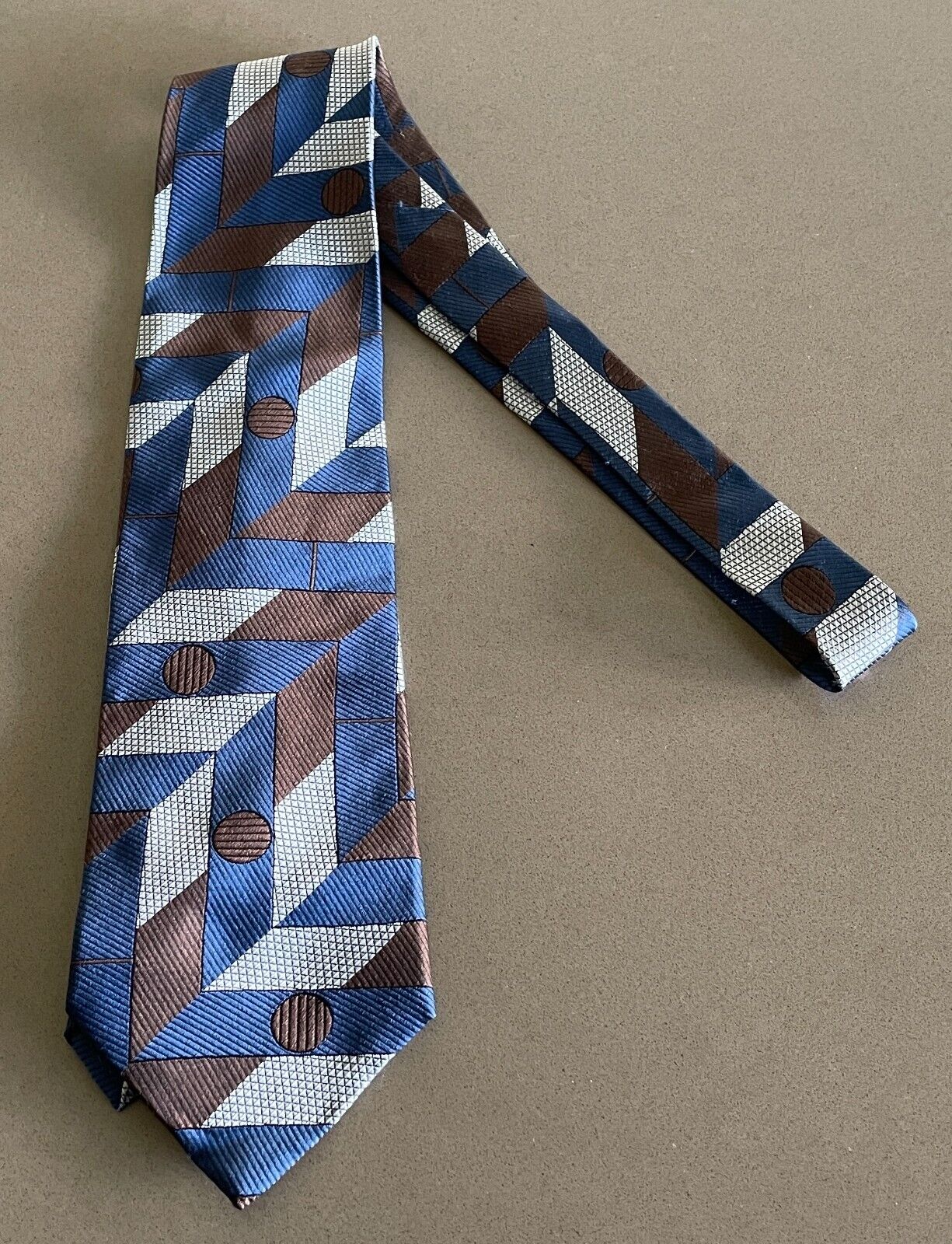 Mens RIVER OF SILK Tie Blue Brown Silver Geometric Print NeckTie