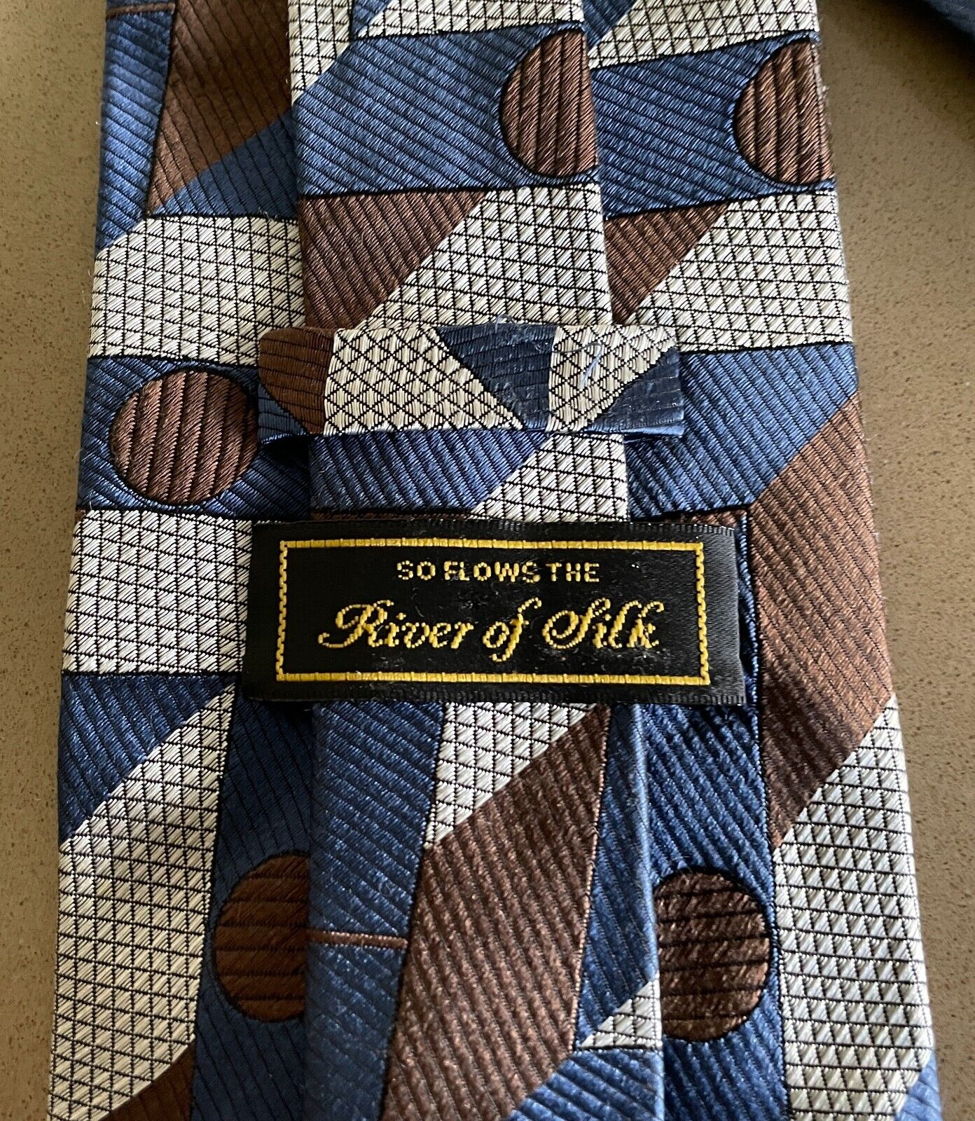 Mens RIVER OF SILK Tie Blue Brown Silver Geometric Print NeckTie