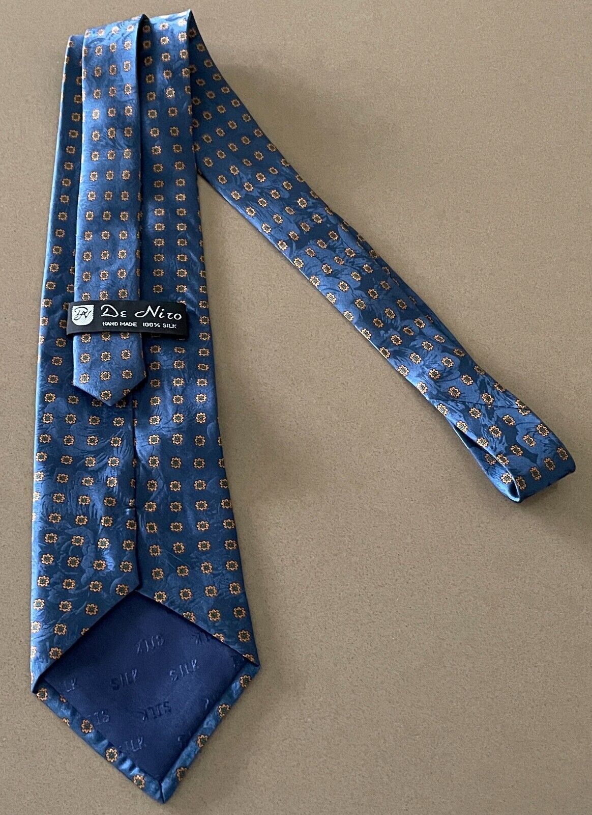 Mens Silk Tie DE NIRO NeckTie Blue Jacquard and Gold Floral Print Hand Made