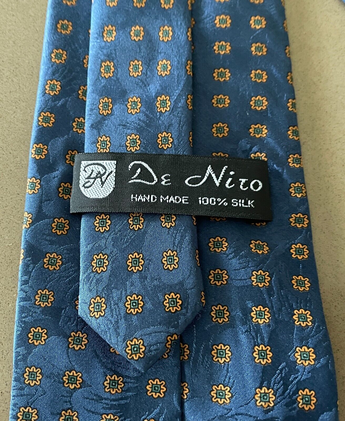 Mens Silk Tie DE NIRO NeckTie Blue Jacquard and Gold Floral Print Hand Made