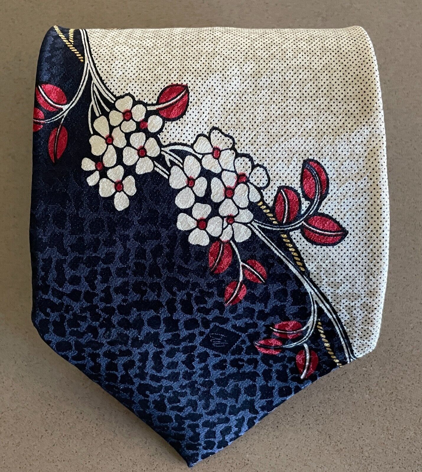 Mens KOFA Silk NeckTie Navy Burgundy Cream Pale Yellow Floral Artwork Neck Tie