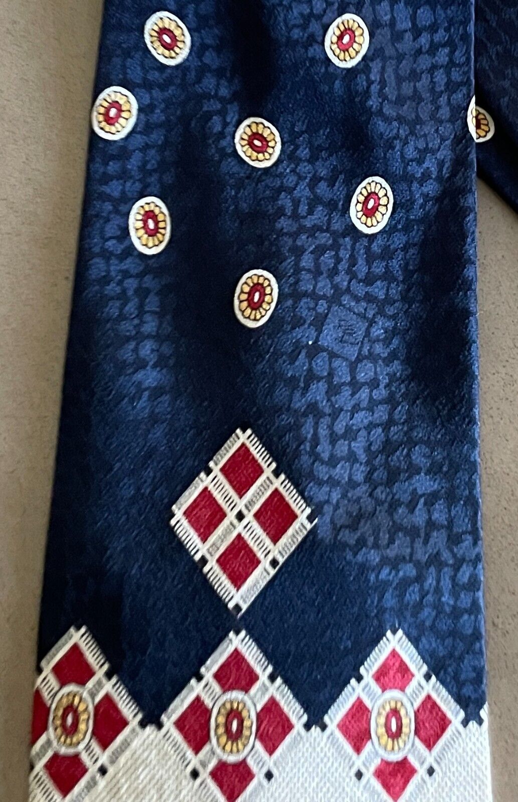 Mens KOFA Silk NeckTie Navy Burgundy Cream Pale Yellow Floral Artwork Neck Tie