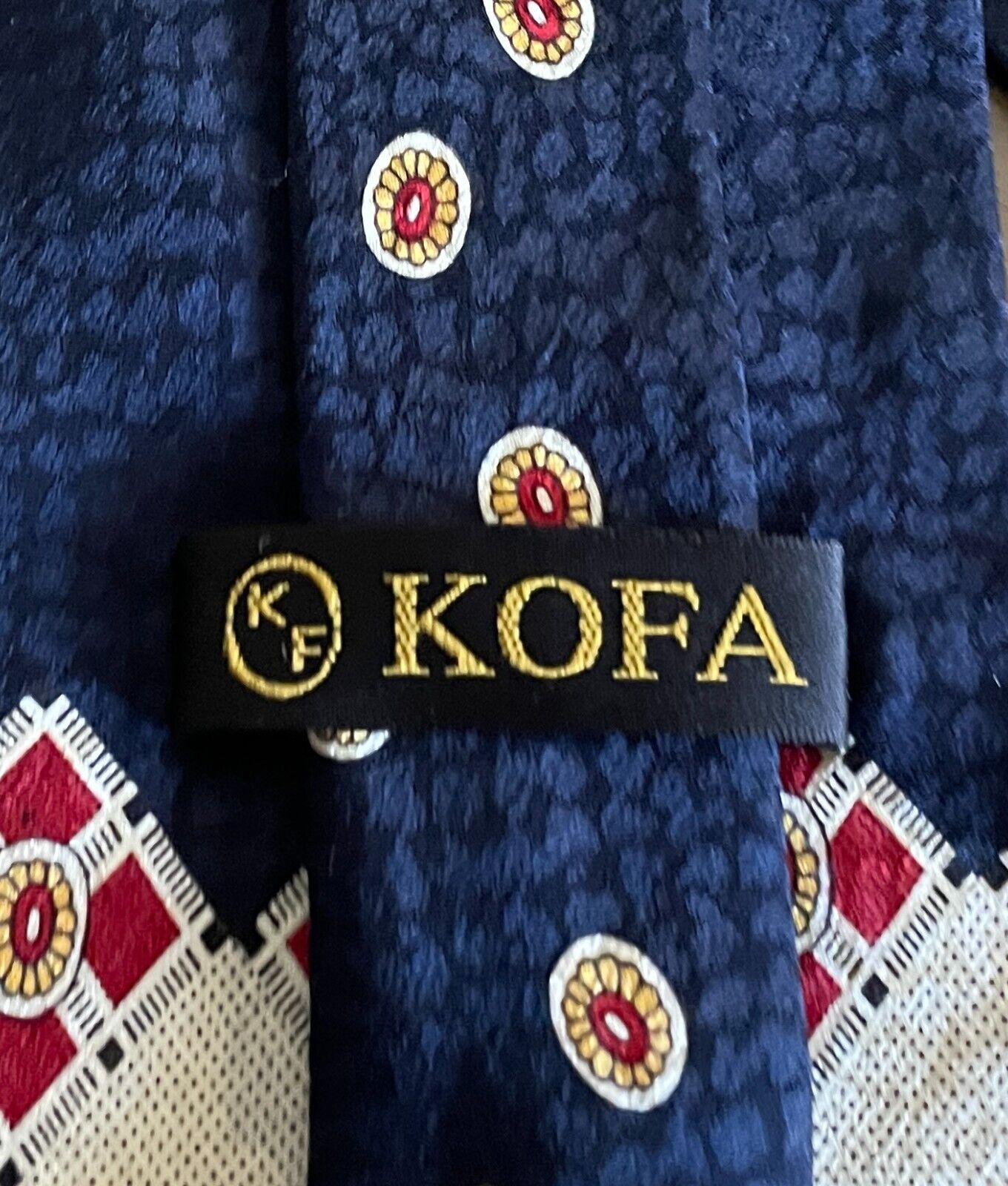 Mens KOFA Silk NeckTie Navy Burgundy Cream Pale Yellow Floral Artwork Neck Tie