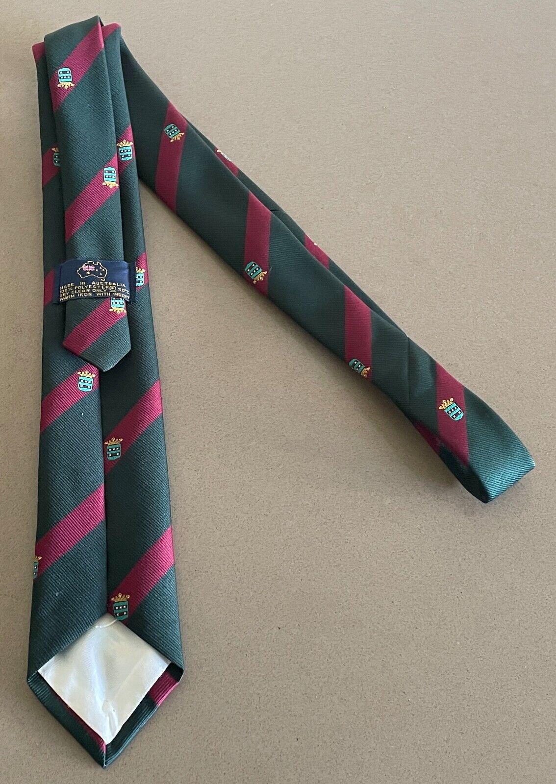 Mens Necktie Vintage Thin Tie Green and Cerise Stripe Crest Print Polyester Tie