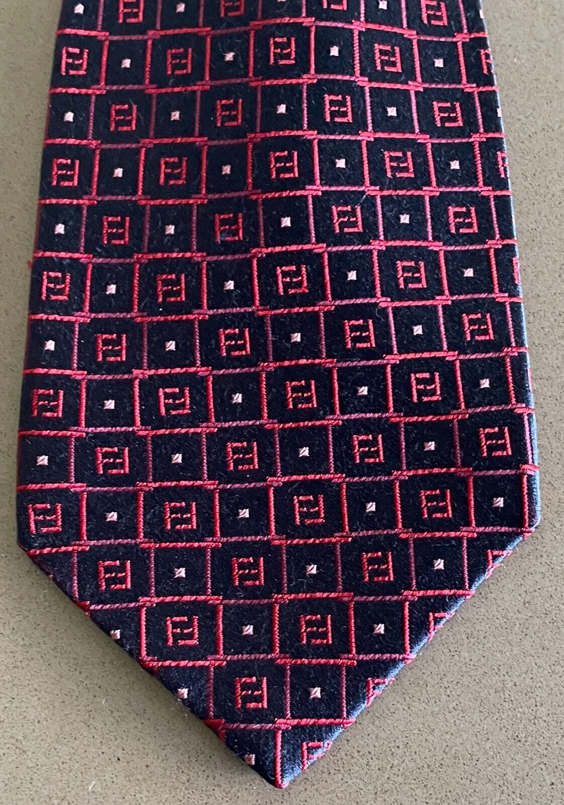 Mens Silk Tie FENDI Red Pink Navy Tile Print Made in Italy NeckTie